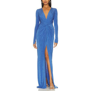 Katie May Royal Blue Long Sleeve Twist Front Gown with Thigh Slit